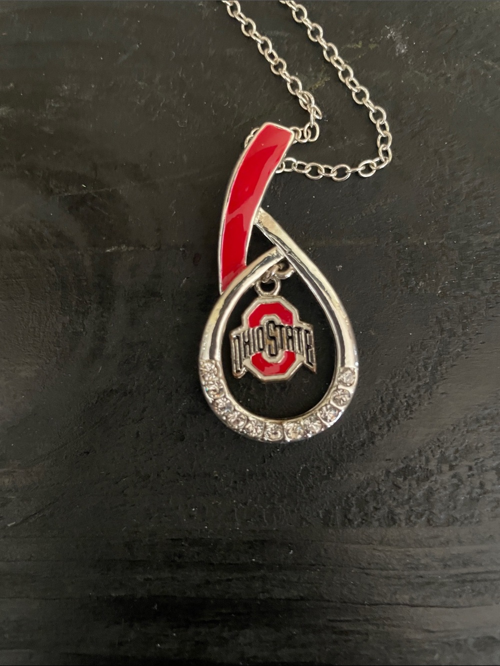Silver-tone Rhinestone Ohio State Logo Teardrop Adjustable Size Necklace